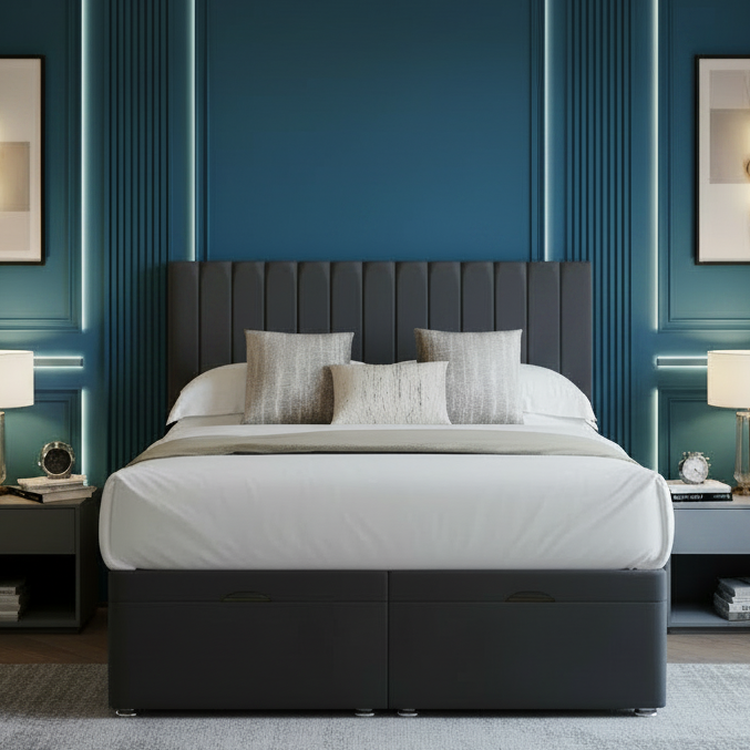 milano ottoman bed, memory orthopaedic mattress, silk pocket sprung, underbed storage, British craftsmanship, gas lift divan, luxury bedroom furniture, medium firm mattress, vegan mattress, customisable bed