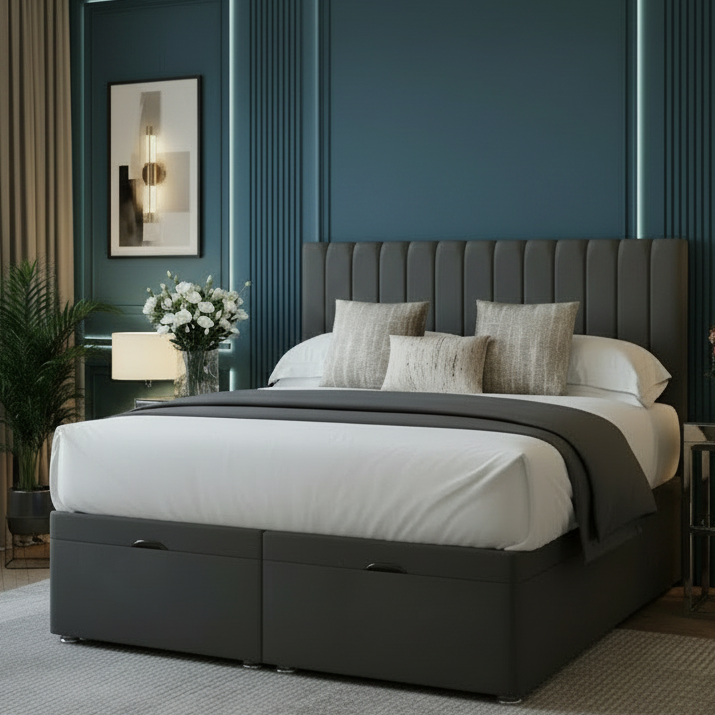 milano ottoman bed, memory orthopaedic mattress, silk pocket sprung, underbed storage, British craftsmanship, gas lift divan, luxury bedroom furniture, medium firm mattress, vegan mattress, customisable bed