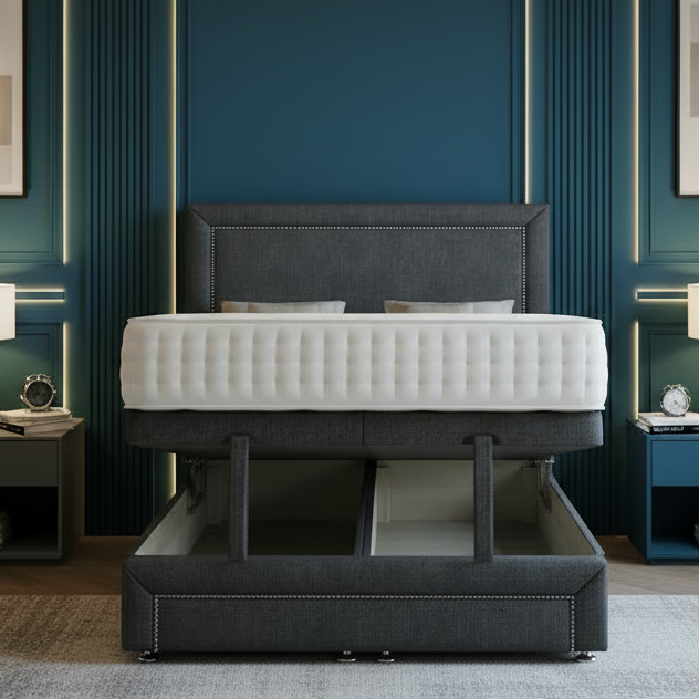 Modern bedroom with a gray bed, nightstands, and wall art.