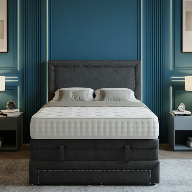 Modern bedroom with a bed, nightstands, and decorative elements.