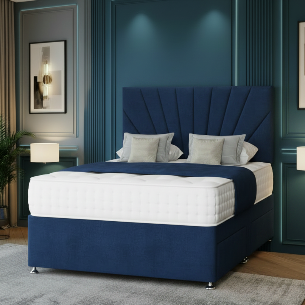 Modern bedroom with a tufted bed, gray walls, and decorative lighting.