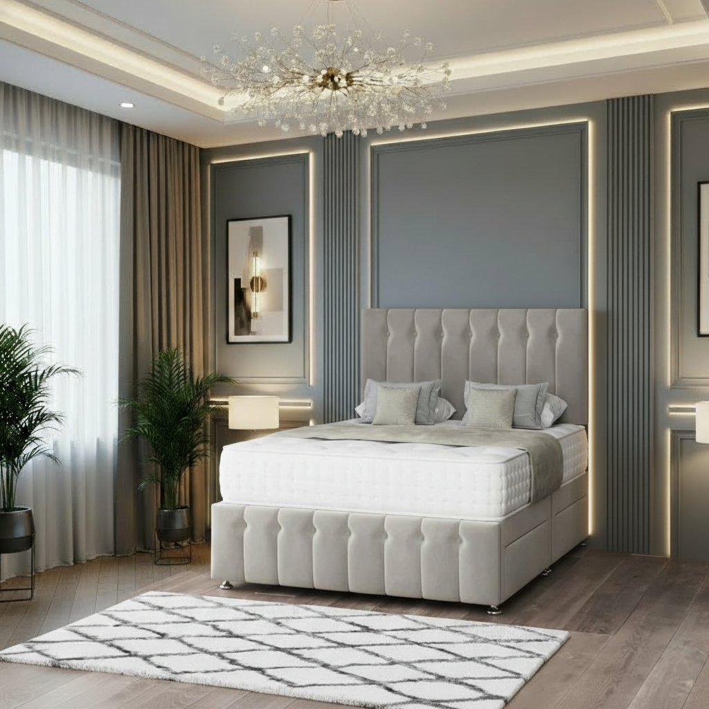 oakland divan bed, storage divan bed, luxury divan bed set, fabric upholstered bed, pocket sprung mattress bed, memory foam mattress bed, handmade uk bed, bedroom storage bed, modern divan bed, upholstered storage bed