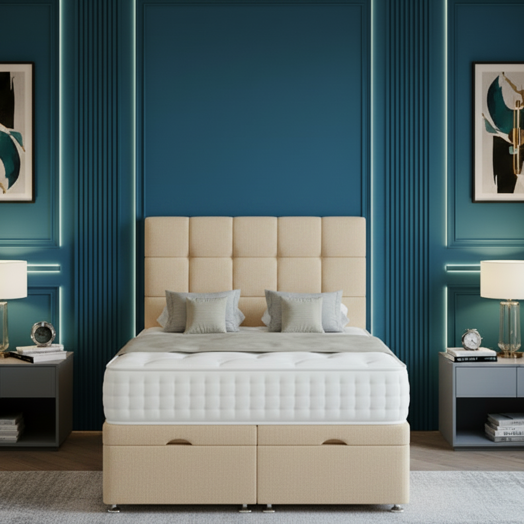 Modern bedroom with gray upholstered bed, nightstands, and decorative elements.