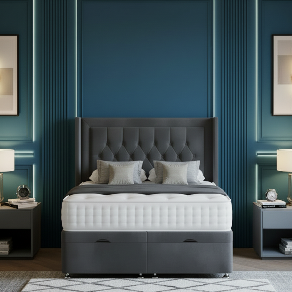 Modern bedroom with gray upholstered bed, nightstands, and decorative elements.