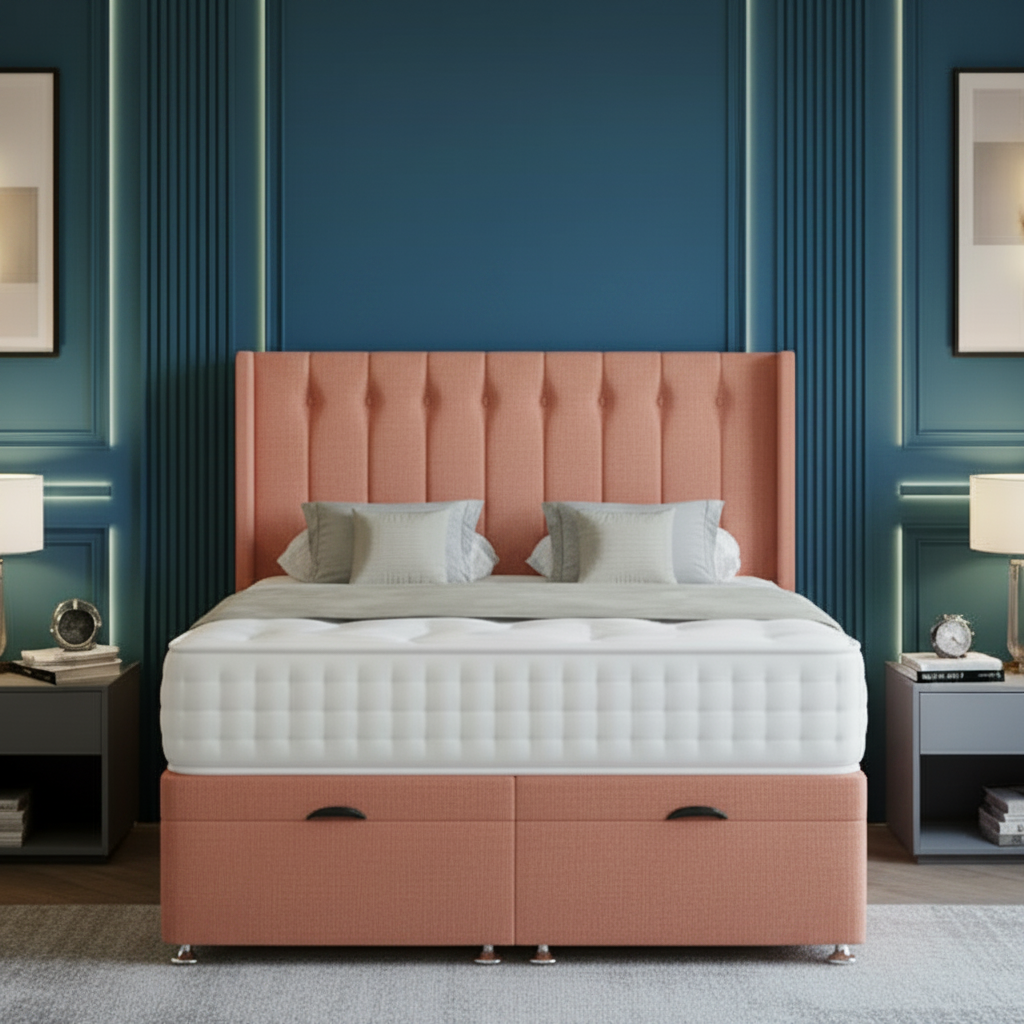 Pluto Ottoman Bed, Wing Divan Bed, Floorstanding Headboard, Storage Bed, Luxury Bedroom, UK Mattress, Handcrafted Furniture, Memory Foam Mattress, Pocket Sprung Mattress, Bedroom Organization