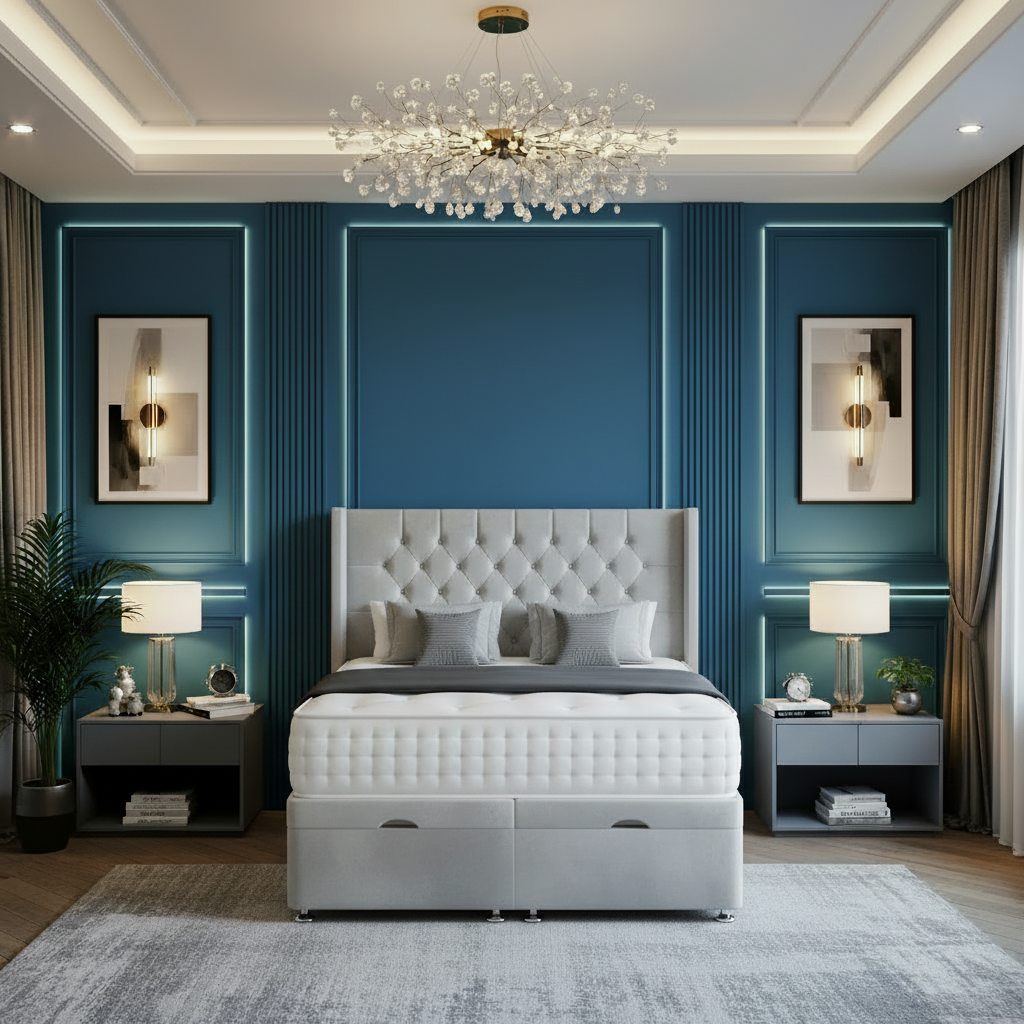 Modern bedroom with a black upholstered bed, gray walls, and decorative lighting.