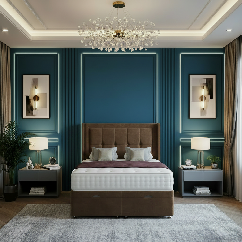 Modern bedroom with gray headboard, nightstands, and chandelier.