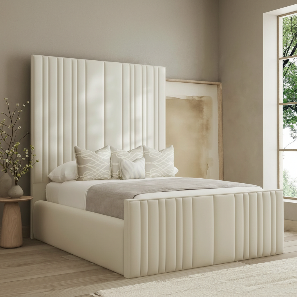 Beige upholstered bed with matching headboard in a bedroom setting.