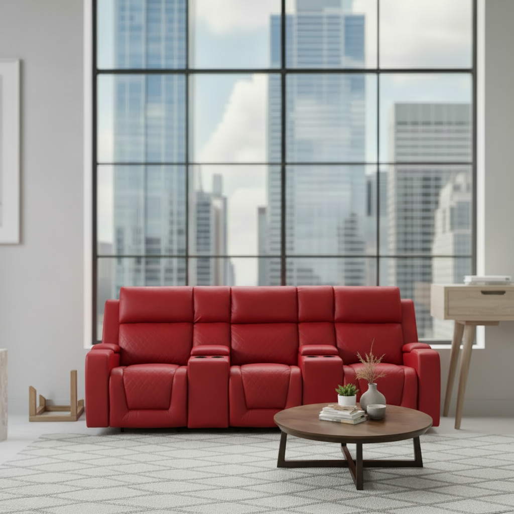 Red leather sofa in a modern living room with large windows.