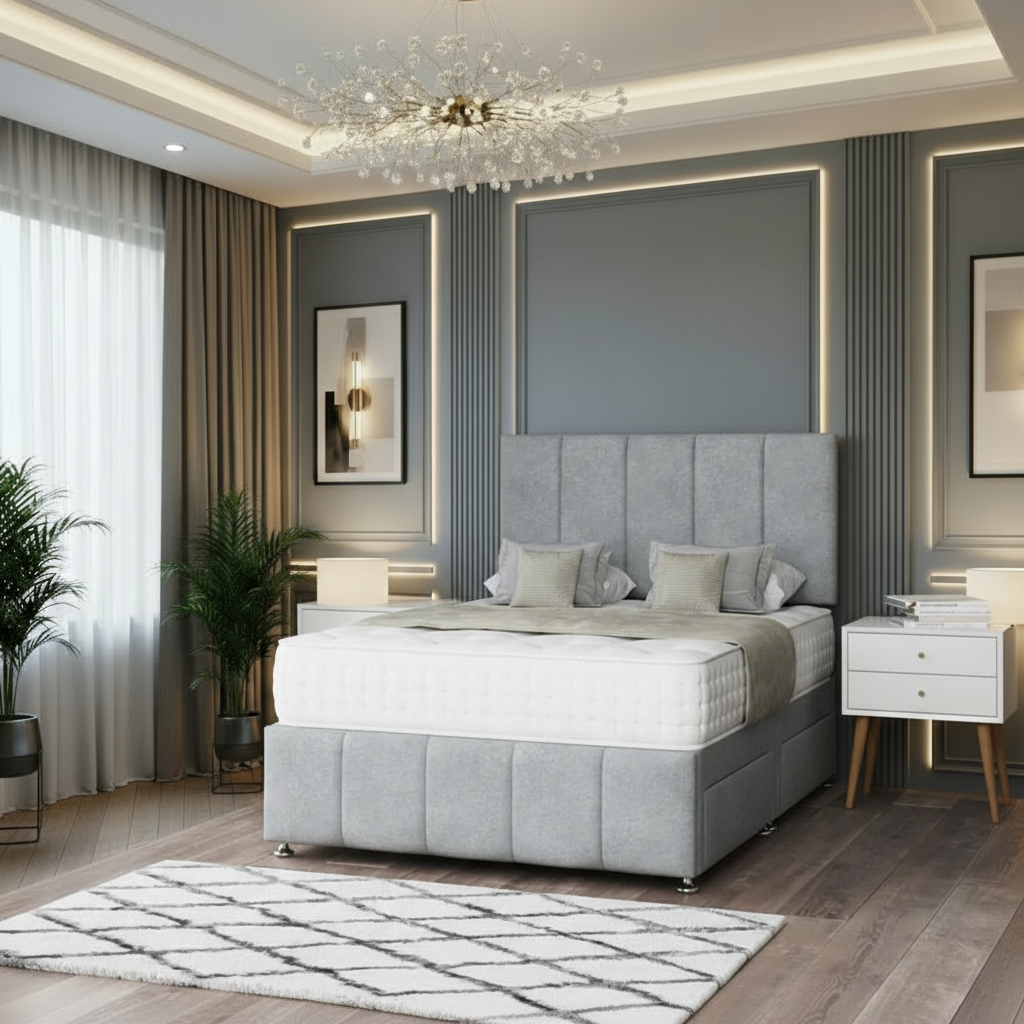 serene divan bed, luxury divan bed uk, upholstered divan bed frame, storage divan bed with drawers, pocket sprung mattress bed, memory foam divan bed, handmade uk bed frame, modern bedroom divan bed, premium fabric bed set, divan bed with headboard