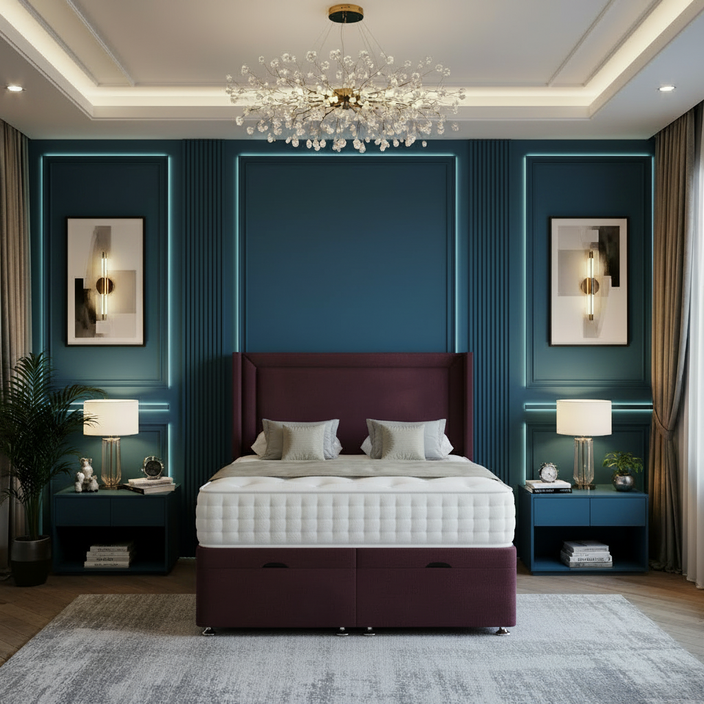 Modern bedroom with gray upholstered bed, nightstands, and decorative elements.