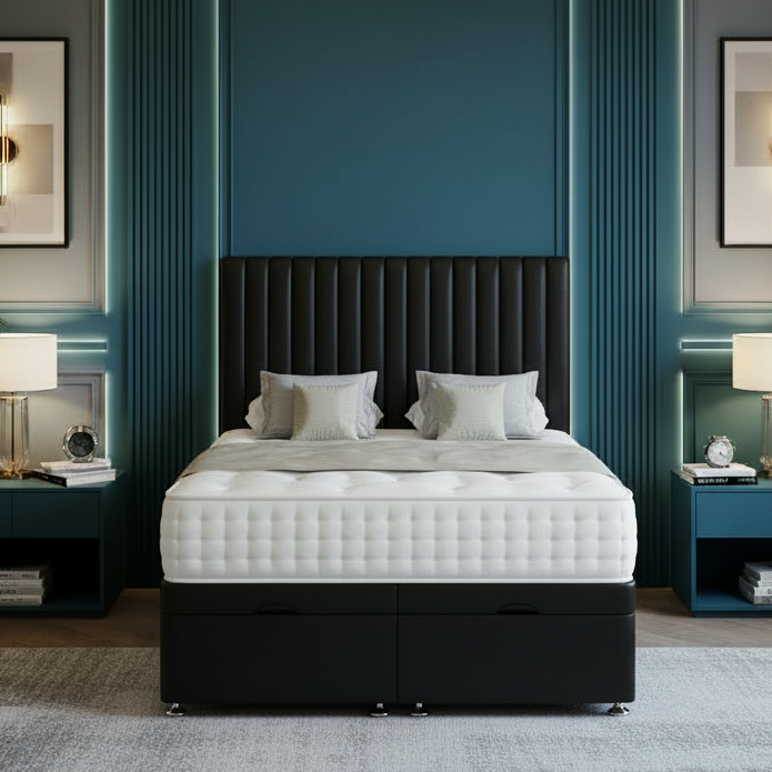 Modern bedroom with gray upholstered bed, nightstands, and decorative elements.