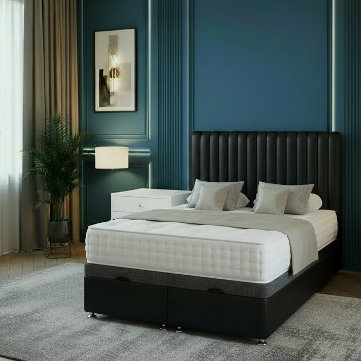 Modern bedroom with dark blue walls, gray bed, and white nightstands.