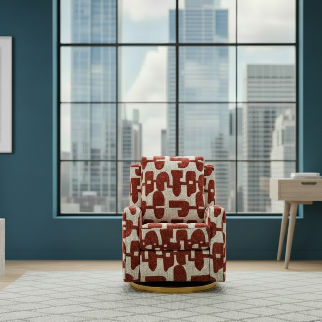 Red and white patterned armchair in a modern room with large windows.
