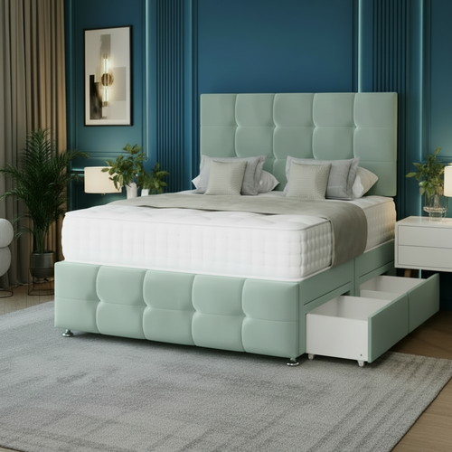 Gray upholstered bed with tufted design in a bedroom setting..