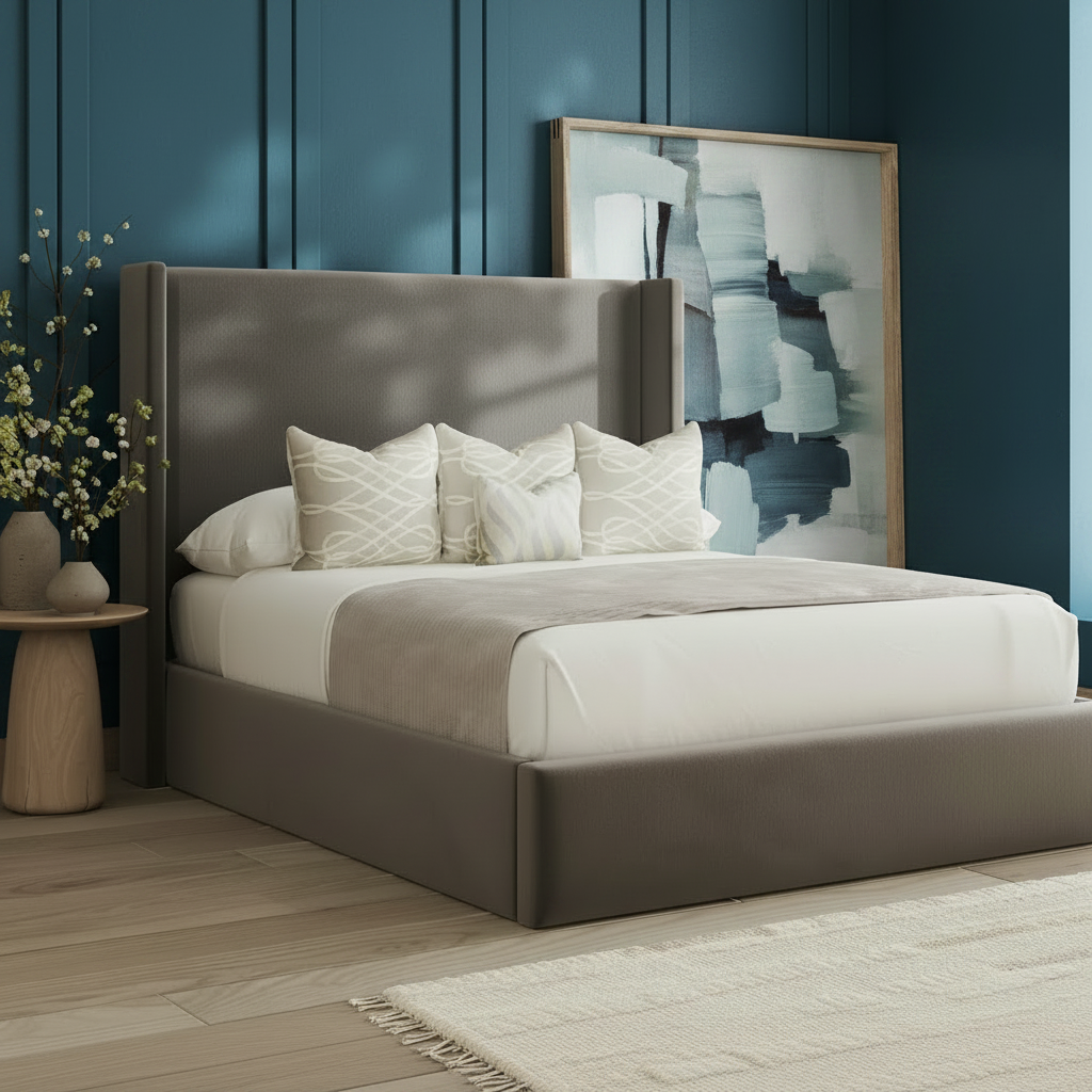 Modern bedroom with a gray upholstered bed and decorative pillows.