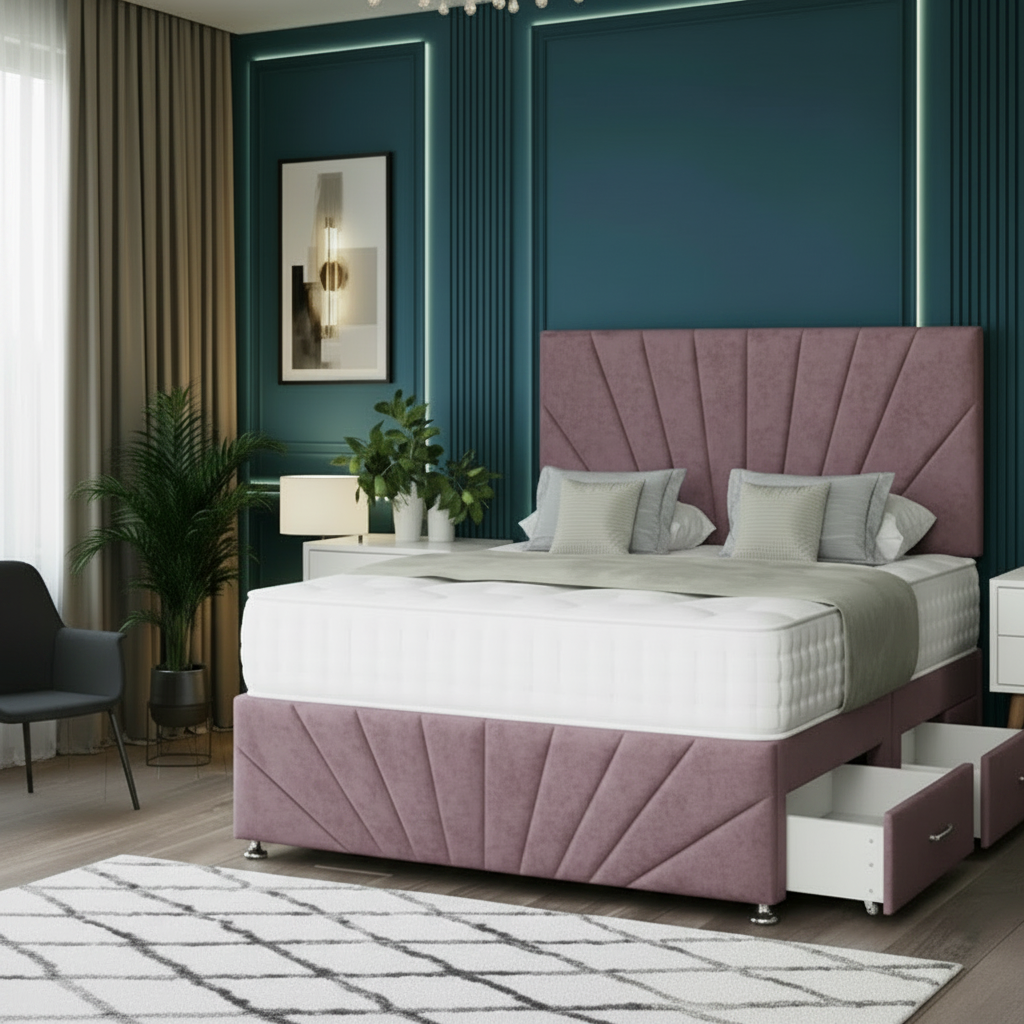 Modern bedroom with a gray upholstered bed and decorative elements.