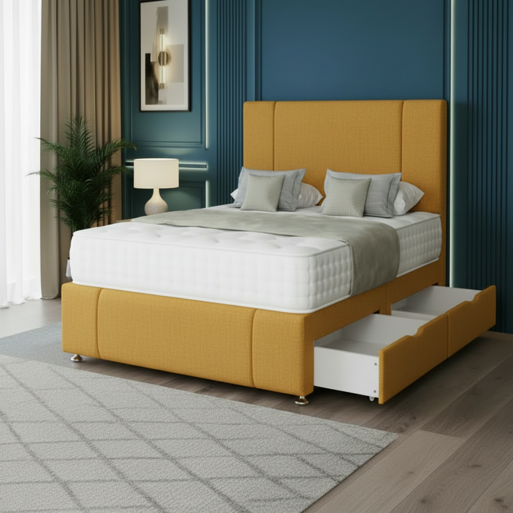 Beige upholstered bed with storage drawers in a bedroom setting.