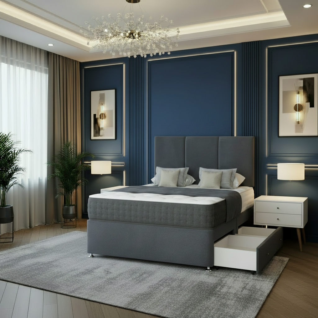 Modern bedroom with a beige bed, nightstands, and decorative elements.