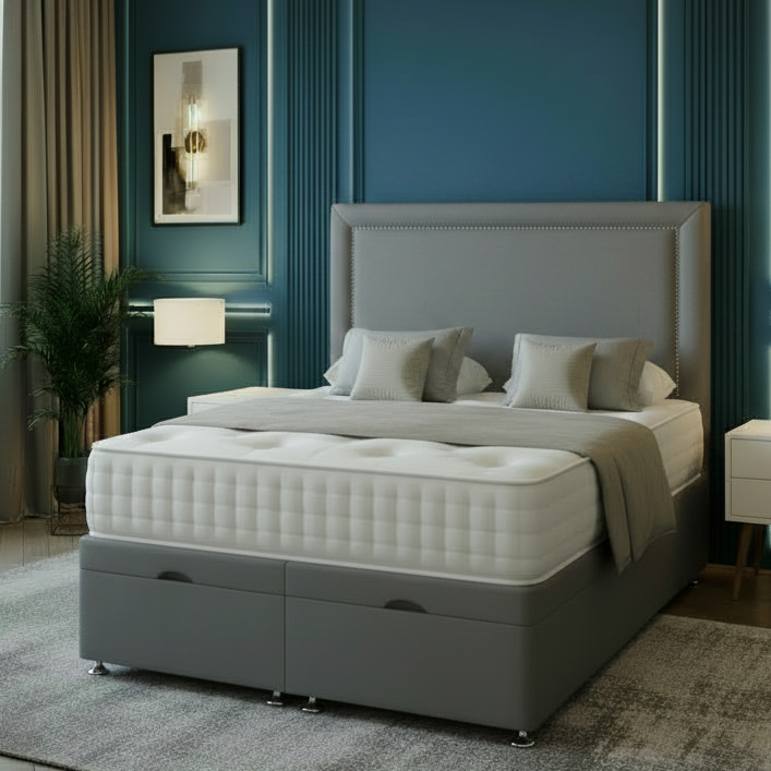 Modern bedroom with a large bed, nightstands, and decorative elements.