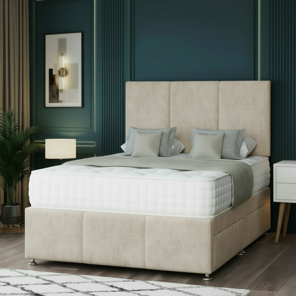 Neatly made bed with decorative pillows in a room with dark green walls and a lamp.