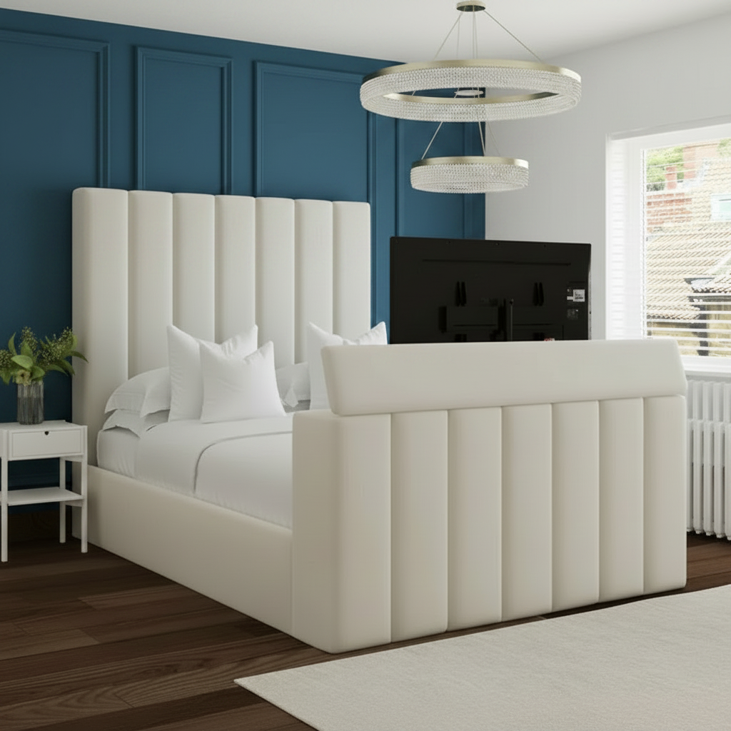 Modern bedroom with a white bed, nightstands, and a television.