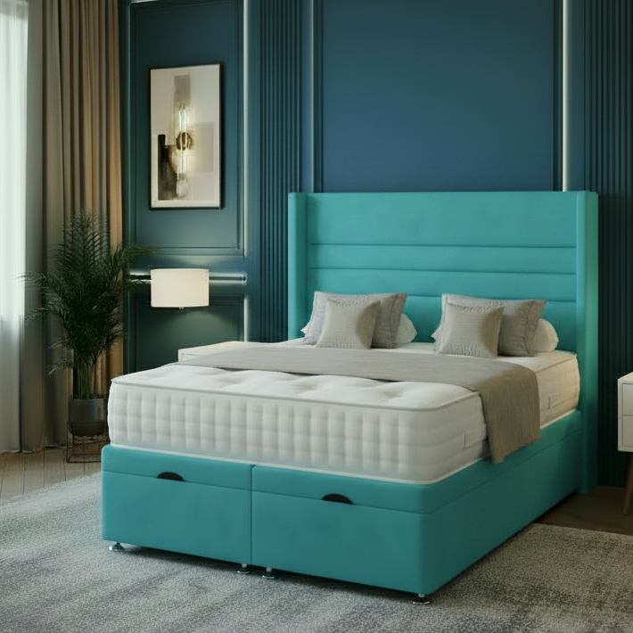 Modern bedroom with a large bed, nightstands, and decorative elements.
