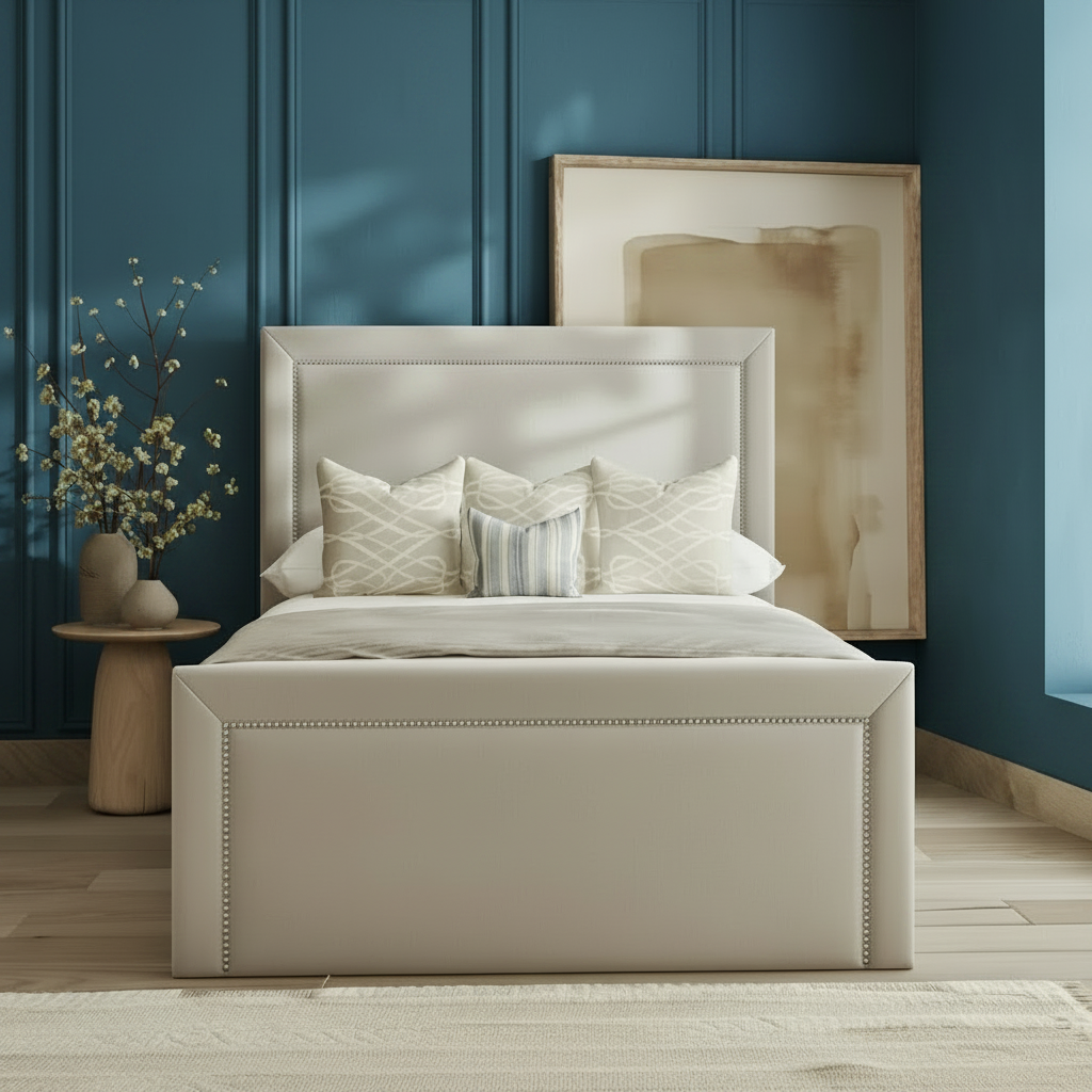 Beige upholstered bed with decorative pillows in a bedroom setting.