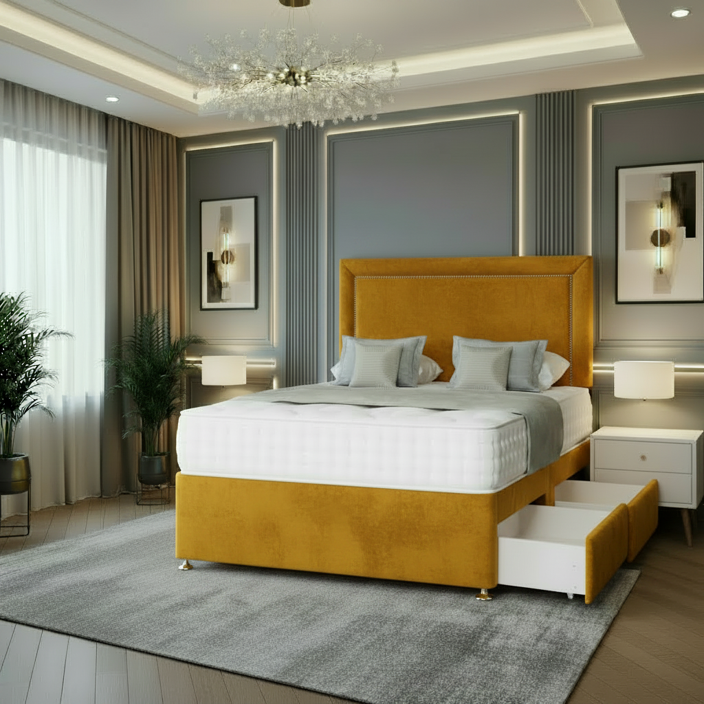 Modern bedroom with a gray upholstered bed, nightstands, and decorative elements.