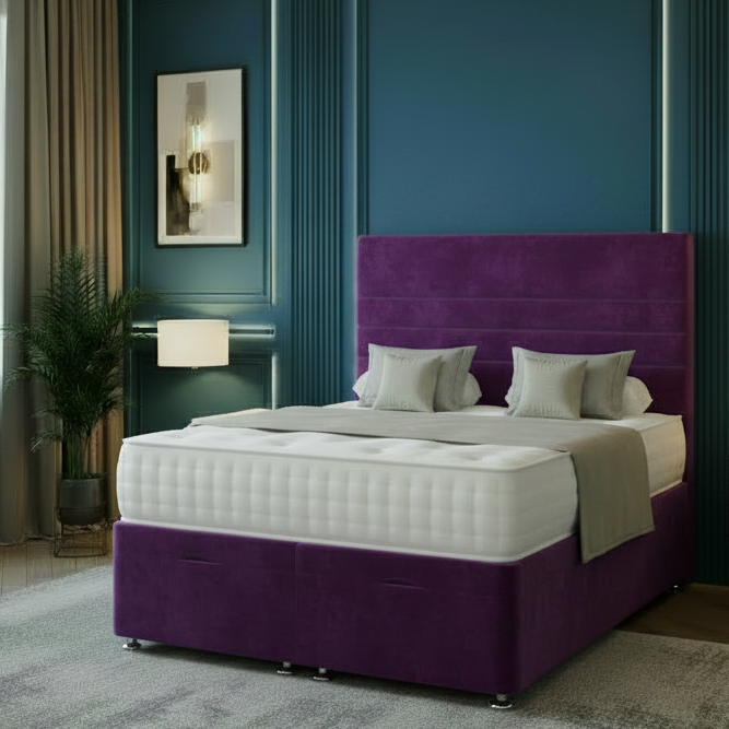 Modern bedroom with a gray bed, nightstands, and decorative elements.