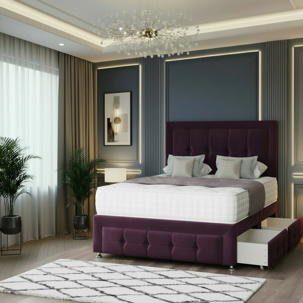 Modern bedroom with a gray upholstered bed and decorative elements.