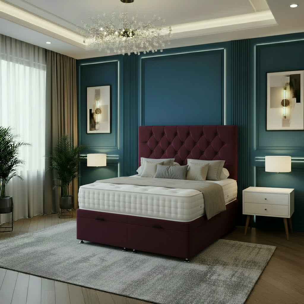 Modern bedroom with a large bed, nightstands, and decorative elements.