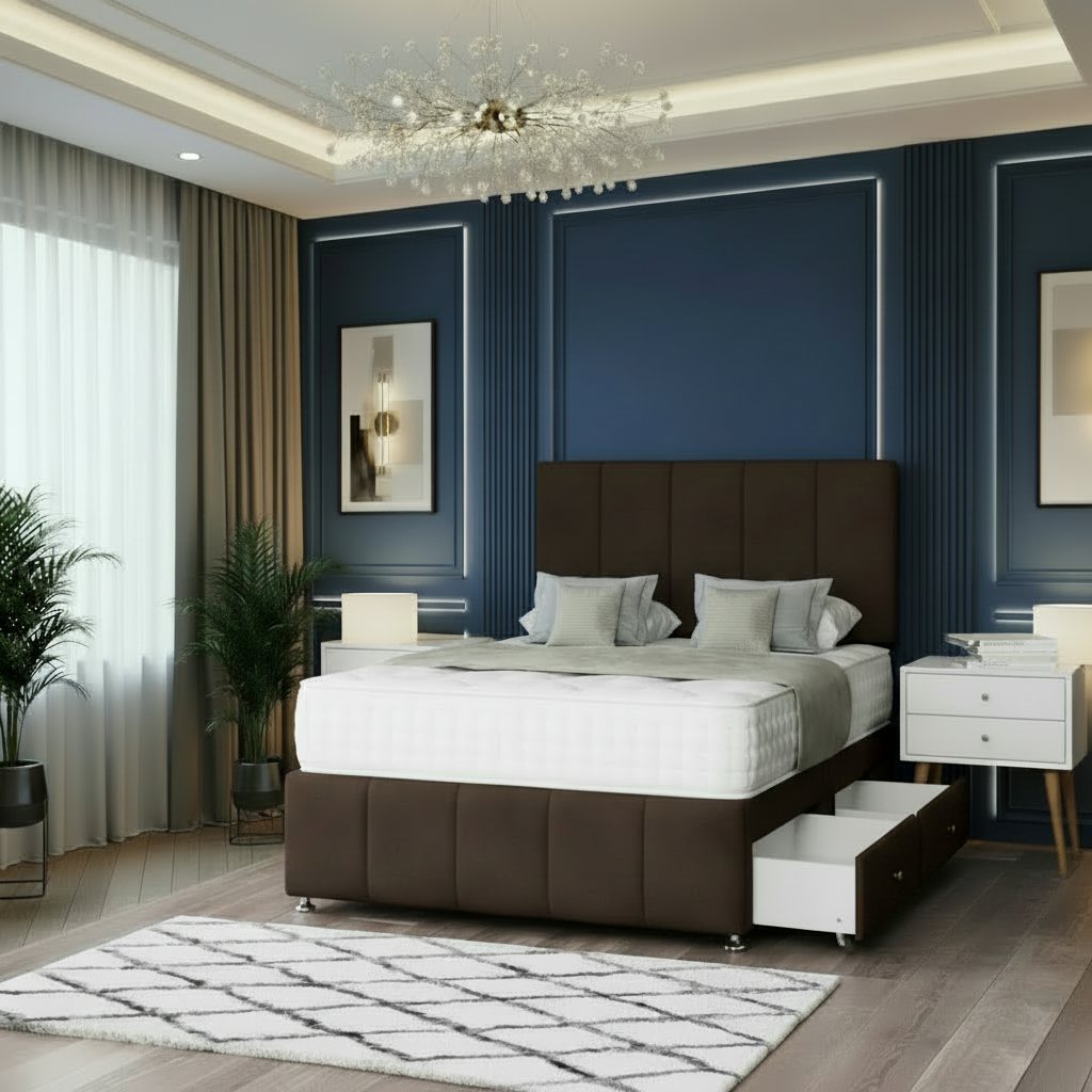 Modern bedroom with a beige bed, nightstands, and decorative elements.