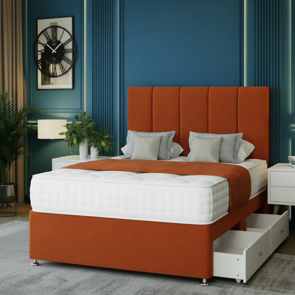 Beige upholstered bed with storage drawers in a room with blue walls and decorative elements.