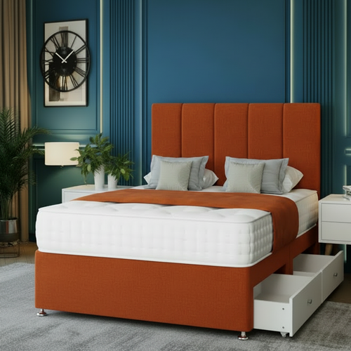 Beige upholstered bed with storage drawers in a room with blue walls and decorative elements.