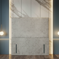 Modern kitchen with marble-textured cabinets and a pendant light.