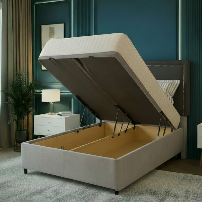 Beige upholstered bed with open storage compartment in a modern bedroom.