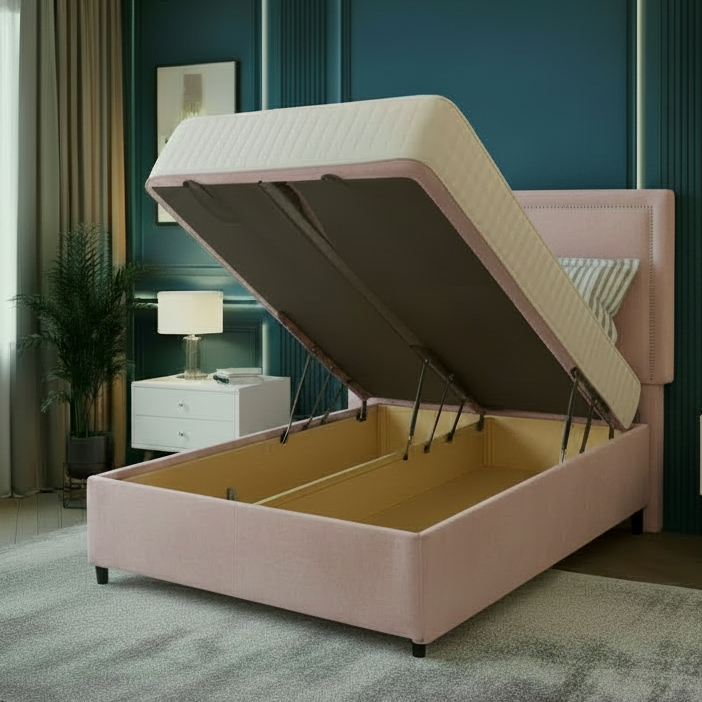 Pink upholstered bed with storage compartment in a modern bedroom.