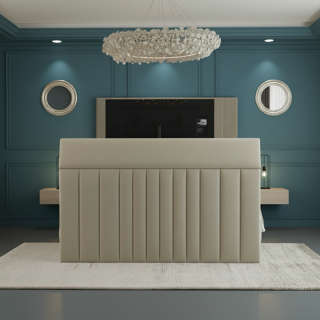 Modern reception desk in a stylish interior setting with decorative elements.