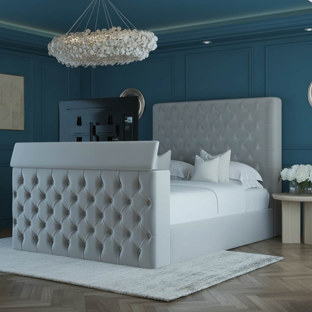 Modern bedroom with tufted headboard, television, and decorative elements.