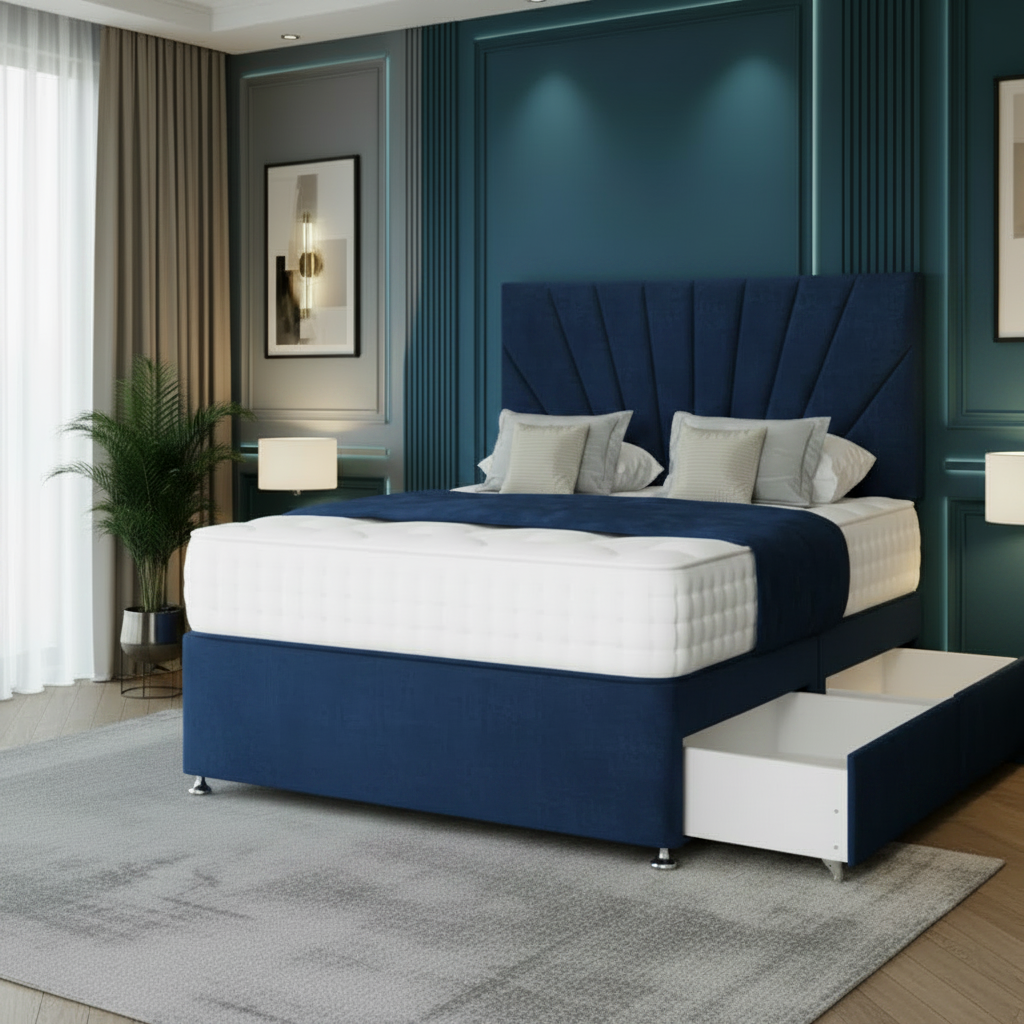 Beige upholstered bed with storage drawers in a modern bedroom setting.