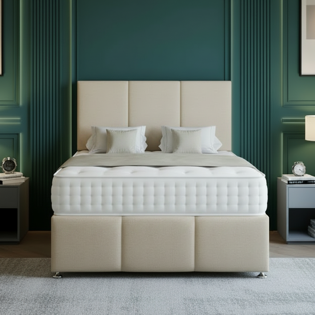 White bed with tufted headboard in a room with green walls and nightstands.