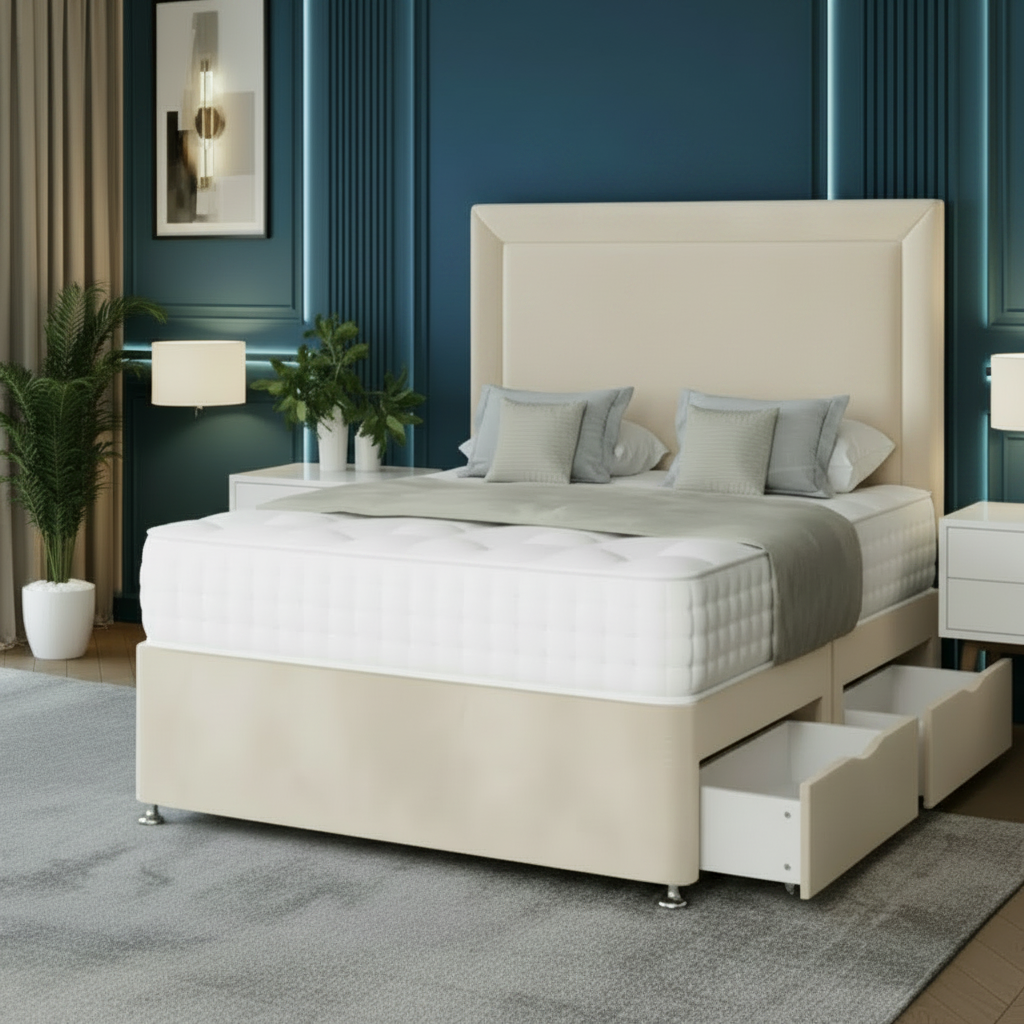 Gray upholstered bed with storage drawers in a bedroom setting.
