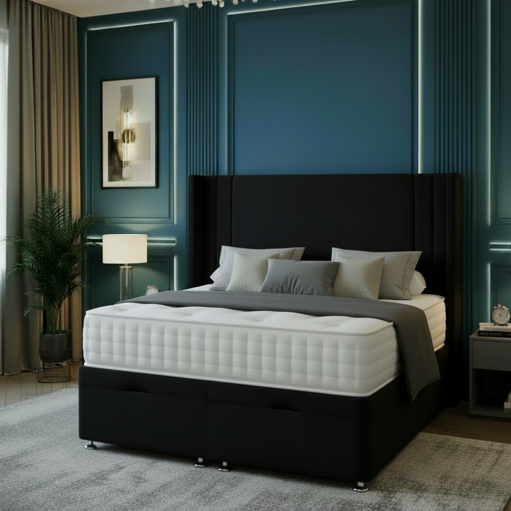Modern bedroom with a large bed, nightstands, and decorative elements.