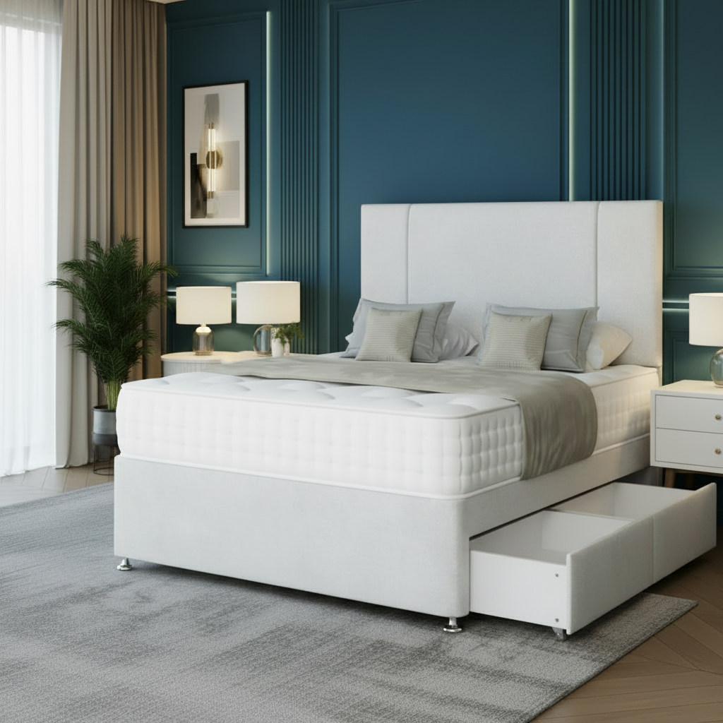 Gray upholstered bed with storage drawers in a bedroom setting.