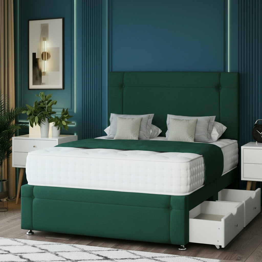 Beige upholstered bed with storage drawers in a bedroom setting.