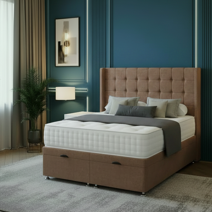 Modern bedroom with a large bed, nightstands, and decorative elements.