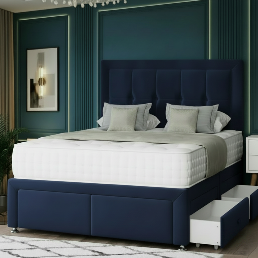 Gray upholstered bed with tufted headboard in a bedroom setting.