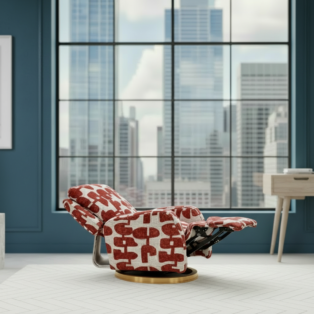 Patterned recliner chair in a modern room with large windows.