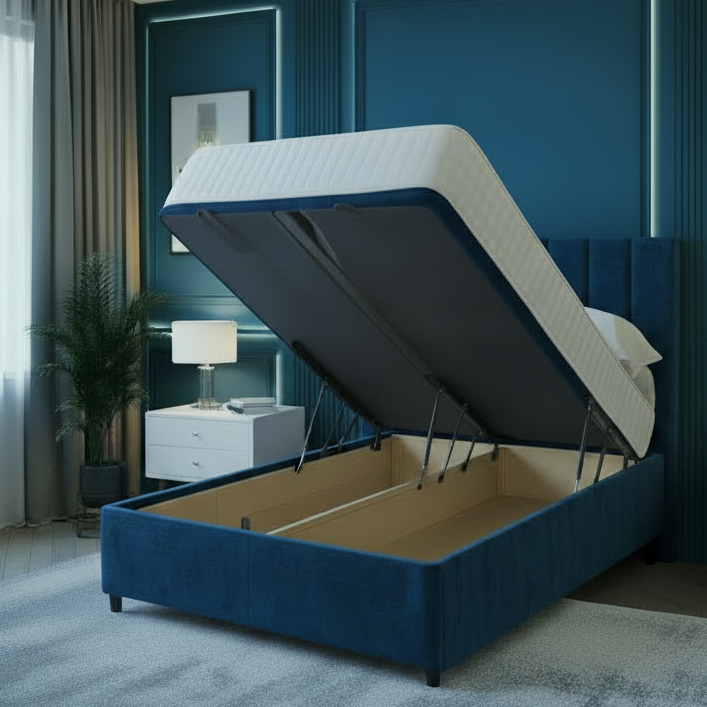 Beige upholstered bed with open storage compartment in a modern bedroom.